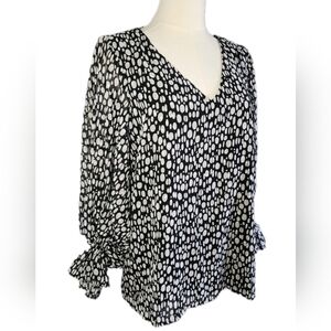 Vince Camuto Womens Blouse Ruffled Long Sleeves V-Neck Printed Mesh Size M